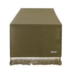 Blanc Mariclò Runner in cotone con frange verde bosco 45×140